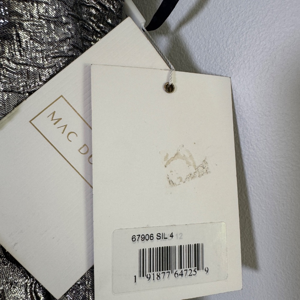 Mac Duggal Style #67906 One Shoulder Bow Midi Dress Brocade Metallic Silver - Picture 12 of 13